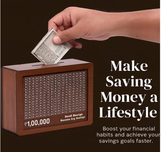Gif002_IMAGE 6 Wooden Savings Challenge Money Box with 1 Lakh Chart, Piggy Bank for Kids & Adults