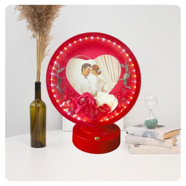 Gif008_IMAGE 2 Round Photo Frame with Elegant Lights and Roses | Heart Shape | Couple Design | Dashboard Frame | Gift Personalized | Tabletop | Multipurpose | Wedding Gift (Red)