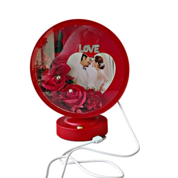 Gif008_IMAGE 6 Round Photo Frame with Elegant Lights and Roses | Heart Shape | Couple Design | Dashboard Frame | Gift Personalized | Tabletop | Multipurpose | Wedding Gift (Red)
