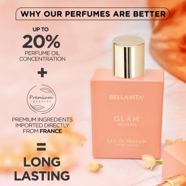 Per004_IMAGE 3 Bella Vita Luxury GLAM | Long Lasting Perfume for Woman | EDP 100ml | African Orange, Jasmine & Patchouli | Floral, Fruity, Woody Premium Fragrance for Women