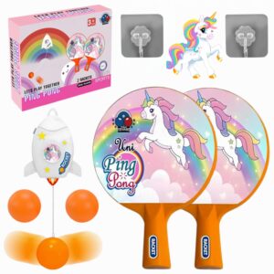 Hanging Table Tennis Trainer for Kids Indoor Self Training Portable Ping Pong Set 10 Pieces 2 Racket 2 Balls 2 Hooks 1 Unicorn Hanger and 2 Unicorn Stickers in 1 Unicorn Box