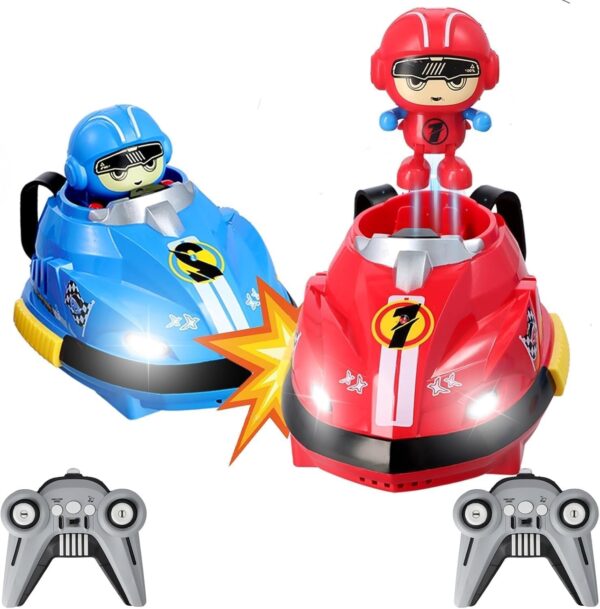 Toy014_IMAGE 1 RC Bumper Car Set of 2 with Remote Control & Jump-Out Figures | Dual Speed Modes, 360° Spinning, Lights & Sounds | 2 Player RC Bumper Car Game for Kids