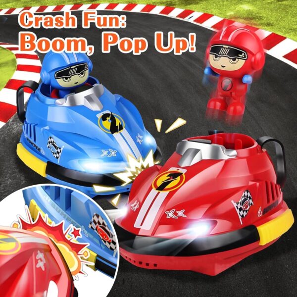 Toy014_IMAGE 3 RC Bumper Car Set of 2 with Remote Control & Jump-Out Figures | Dual Speed Modes, 360° Spinning, Lights & Sounds | 2 Player RC Bumper Car Game for Kids