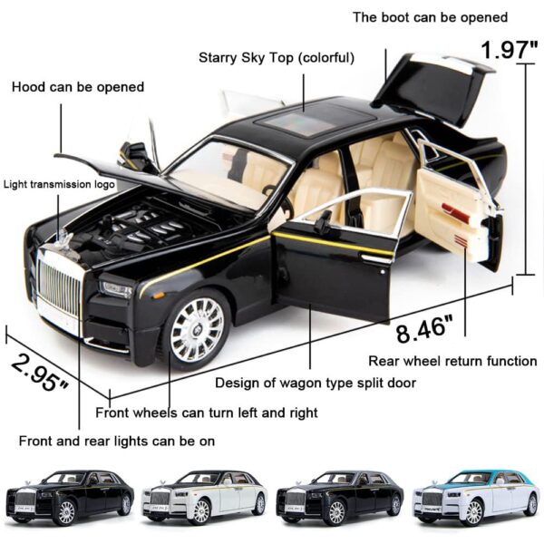 Toy025_IMAGE 2 EROCK Upgrade Version -Exquisite car Model 1/24 Rolls-Royce Phantom Model Car,Zinc Alloy Pull Back Toy car with Sound and Light for Kids Boy Girl Gift. (Black-Black)
