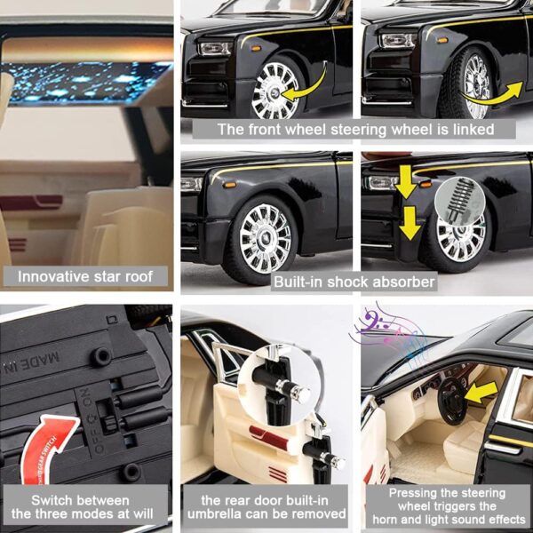 Toy025_IMAGE 3 EROCK Upgrade Version -Exquisite car Model 1/24 Rolls-Royce Phantom Model Car,Zinc Alloy Pull Back Toy car with Sound and Light for Kids Boy Girl Gift. (Black-Black)