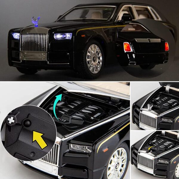 Toy025_IMAGE 4 EROCK Upgrade Version -Exquisite car Model 1/24 Rolls-Royce Phantom Model Car,Zinc Alloy Pull Back Toy car with Sound and Light for Kids Boy Girl Gift. (Black-Black)